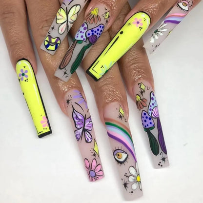 Aichashi 24Pcs Wearable Colorful Butterfly Designs French Press on Nails Long Ballet False Nails with Rhinestone acrylic Fake Nails tips