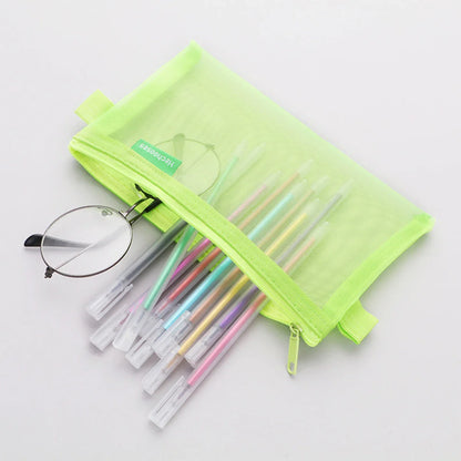 Aichashi BACK TO SCHOOL Transparent Mesh Pencil Case Pencil Bags Square/Oval Portable Pen Pencil Pouch Bag School Office Supplies Stationery Pen Box