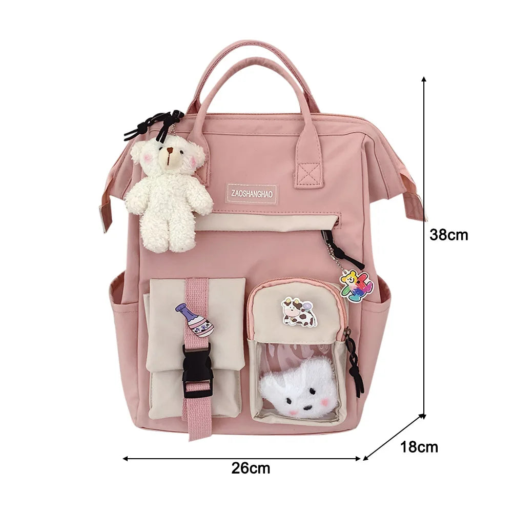 Aichashi Fashion Japanese Nylon Bookbags with Plush Pendant Summer New Student Kawaii Backpack Large Capacity Woman College Rucksack