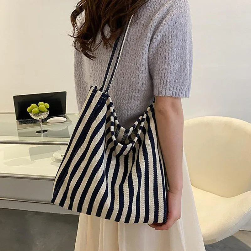 Aichashi BACK TO SCHOOL Korean Version Of Retro Literary Handbag Simple Fresh Striped Shoulder Bag Fashion Large Capacity Shopping Bag