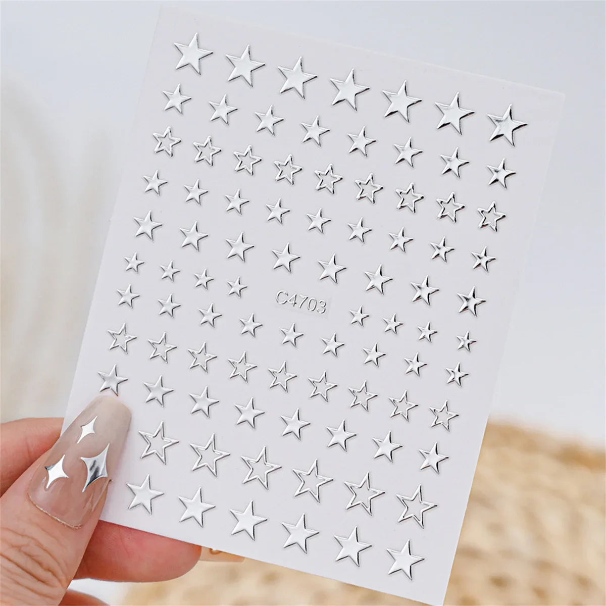 Aichashi 5pcs 3D Ranbom Mix Shape Silver Nail Nail Art Decoration Stickers Luxury Kawaii Star Series Sliders Decals Nail Accessories DIY