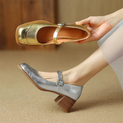 Aichashi New Spring Cow Leather Women Shoes Square Toe Women Pumps Fashion Retro Mary Jane Shoes for Women High Heels Casual Ladies Shoes