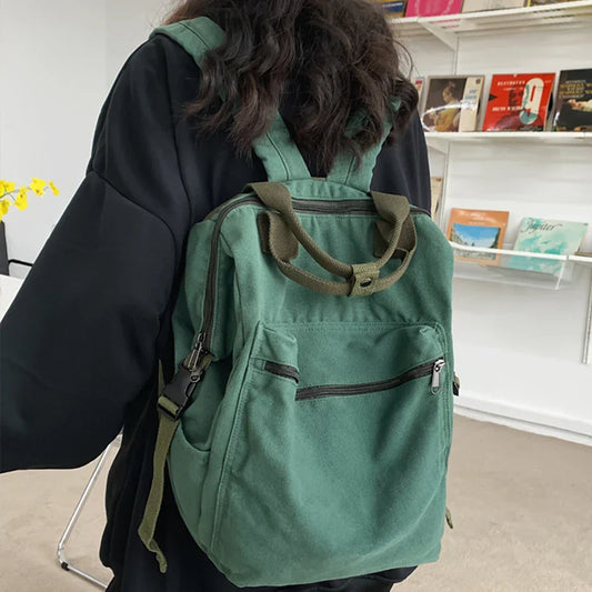 aichashi BACK TO SCHOOL New Solid Color Women Canvas Backpack Vintage School Bag for Teenage Girl  Outdoor Travel Handbag Purses Book Bag Rucksack