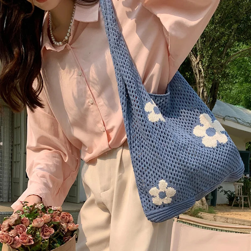 Aichashi Ins Fashion Sweet Flower Knitted Hollow Tote Bag Large Capacity Shopping Bag Ladies Simple Retro Shoulder Bag Handbag for Women