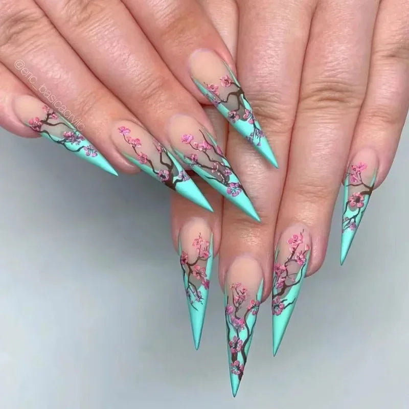 24Pcs Long Stiletto False Nails with Glue Almond Fake Nails with Gold Foil Gradient Green Full Cover Nail Tips Press on Nails