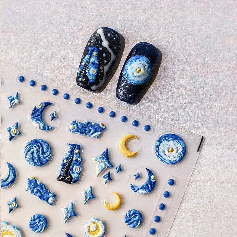 Aichashi 5D Realistic Relief Blue Yellow Starry Night Sky Moon Starlight Adheisve Nail Art Stickers Decals Manicure Ornaments Accessories