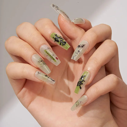 10PCS Glossy Handmade Fake Nails with Bamboo Leaf Design Pure Color Shiny Press on Nail Chinese Style Long False Art Nail Tips