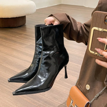 aichashi  -  Women Thin High Heels Short Boots New Fashion Pointed Ankle Boots Ladies Autumn Winter Leather Side Zipper Sexy Party Pumps