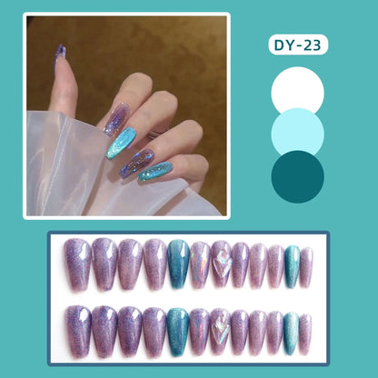 Aichashi 24pcs Cat Eye False Nail Deep Blue Color Fake Nail Tips Full Cover Nail Art Long Coffin Ballet Press on Nail Manicure Nail Tips