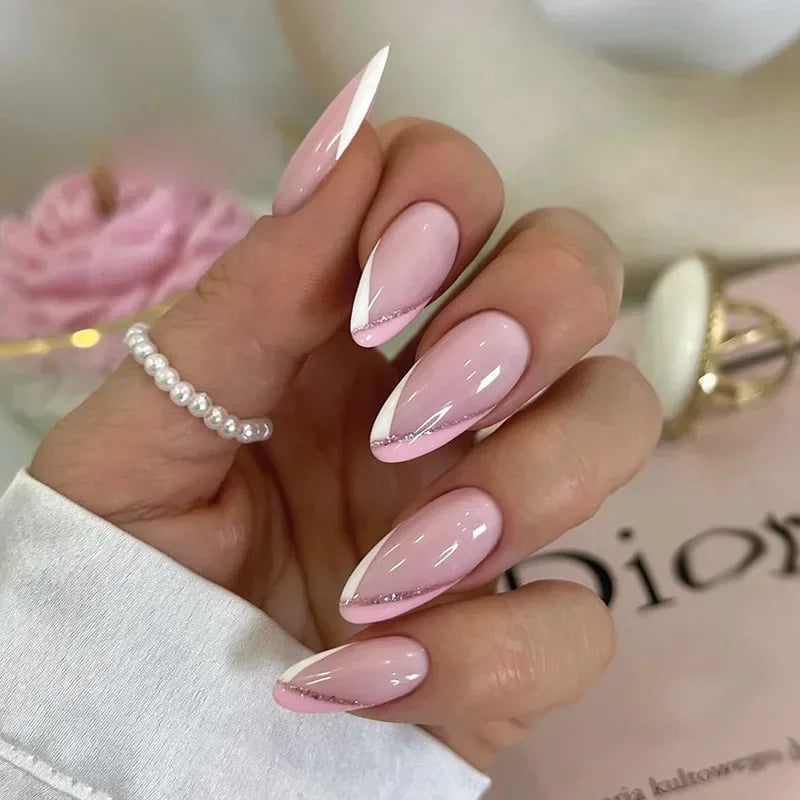 Aichashi 24Pcs French False Nails Almond Fake Nails with Glue Press on White Edge Design Wearable Simple Ins Pink Stiletto Nail Tips HOT