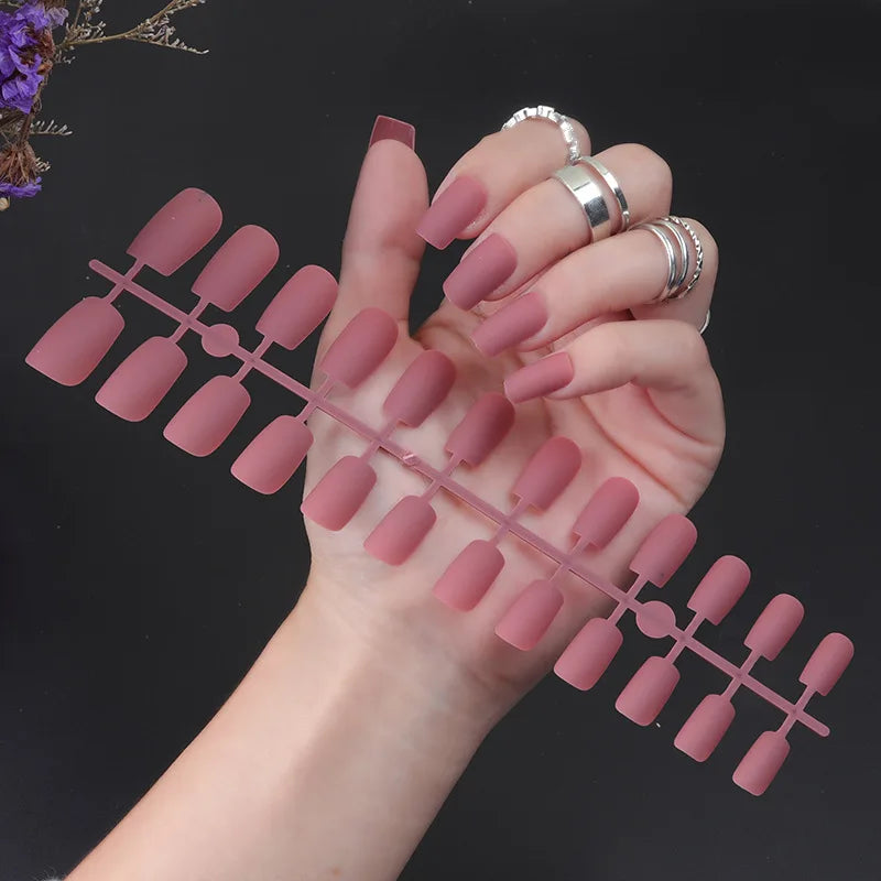 Aichashi 24Pcs/Set Matte False Nails Glue Square Head Frosted Press On Fake Nail Tips Full Cover Artificial Fingernails Ballet Detachable