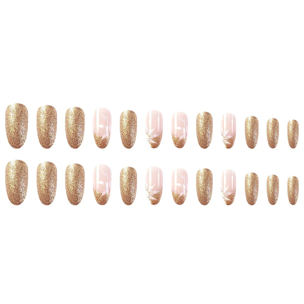 24 Pcs Long Oval Christmas Press On Nails Pink French Style Glitter Fake Nails Artificial Finger Manicure Reusable False Nails