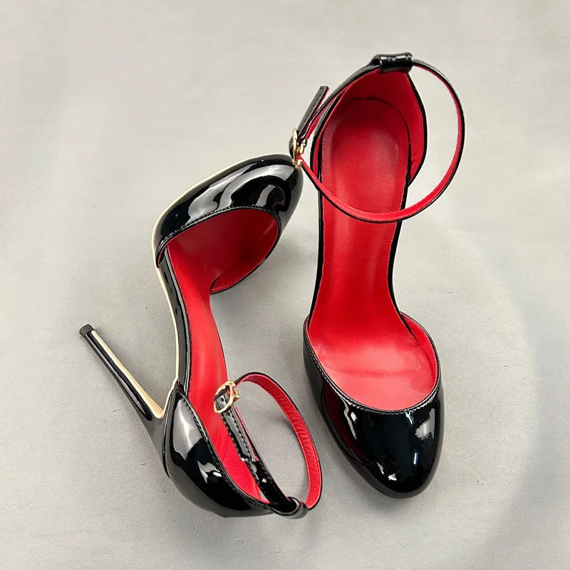 aichashi  -  Black Patent Leather Women Ankle Strap D'orsay Pumps 12cm High Heels Cute Mary Jane Red inside Stilettos Party Shoes Customize