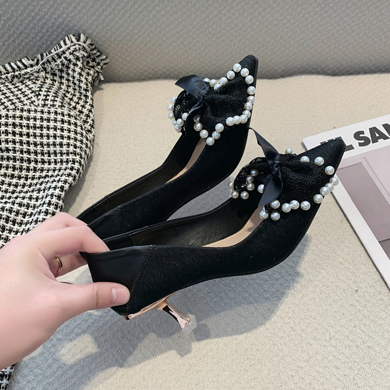 Aichashi Lace Bowknot Pumps for Women Summer Sexy Pointed Toe Thin High Heels Shoes Woman Fashion Pearls Wedding Party Shoes