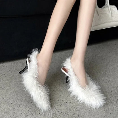 aichashi  -  Novelty Design Furry Women Pumps Fashion Plush Tassel Style High Heels for Women Back Strap Thin Heeled Sandals Zapatos Mujer