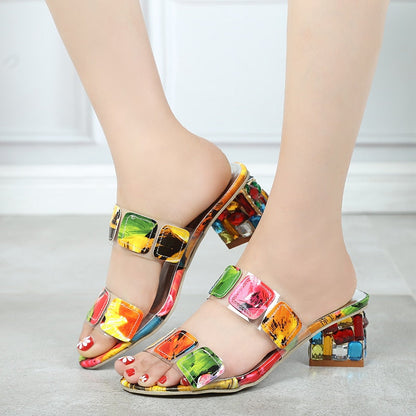 Aichashi Colorful Summer New Sandals Women's Summer Fashion Chunky Heel Rhino Horn Mid-heel Flip-flops Korean Version Sandals shoes