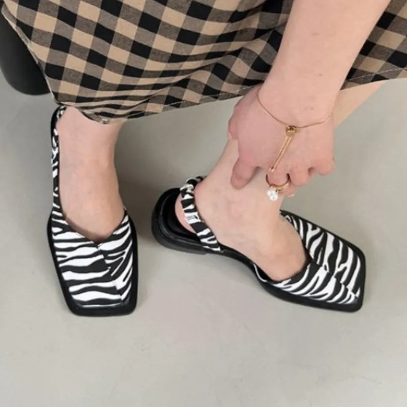 Aichashi New Summer Elegant Ladies Sandals 2024 Fashion Ladies Elastic Band Flat Heel Women Shallow Party Shoes Square Heel Square Toe