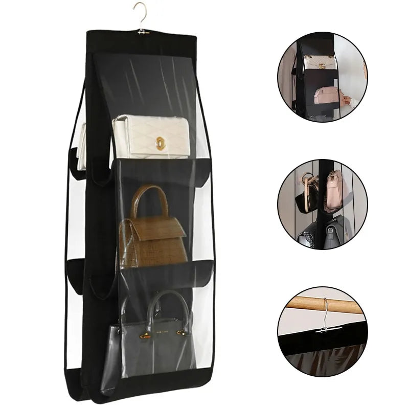 Aichashi Black Handbag Hanging Organizer With 6 Pockets Foldable Oxford Cloth Handbag Storage Bag For Family Closet Bedroom