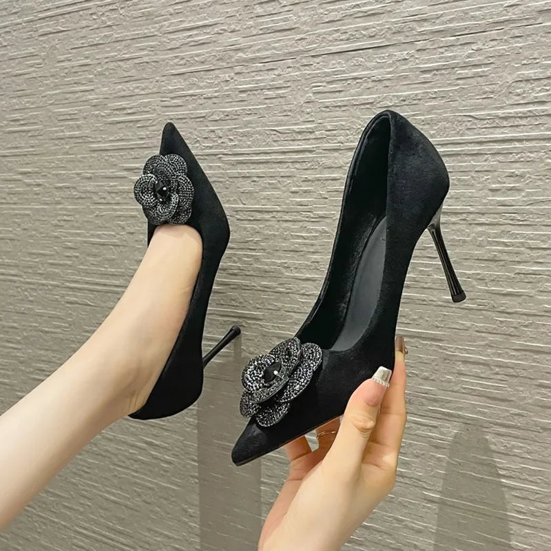 aichashi  -  Flowers Pointed Toe Stiletto Heels Women Rhinestone Luxury Designer Shoes Suede Sexy Elegant Offices High Heels Female Pumps