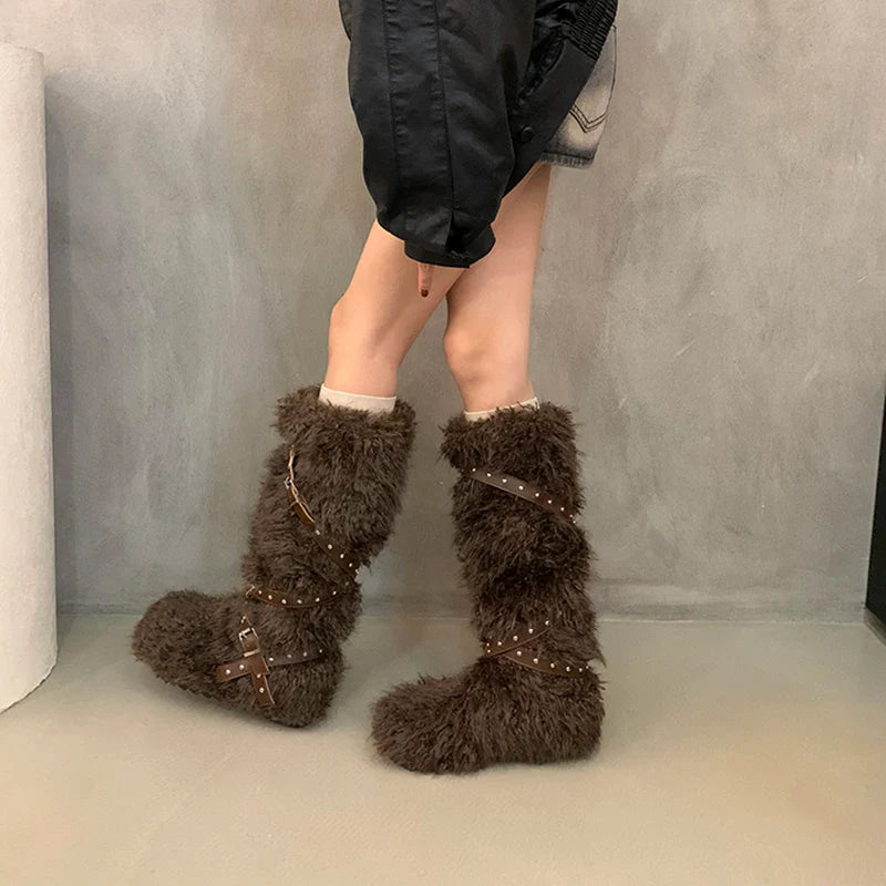 aichashi  -  Winter Designer Women Snow Boots Fashion Short Plush Long Booties Concise Slip On Cotton Shoes