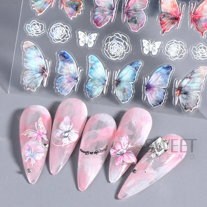 Aichashi Acrylic Engraved Butterfly Nail Manicure Sticker Holographic Crystal Fairy Rose Flowers Adhesive Decals Charm Spring Foils Wraps