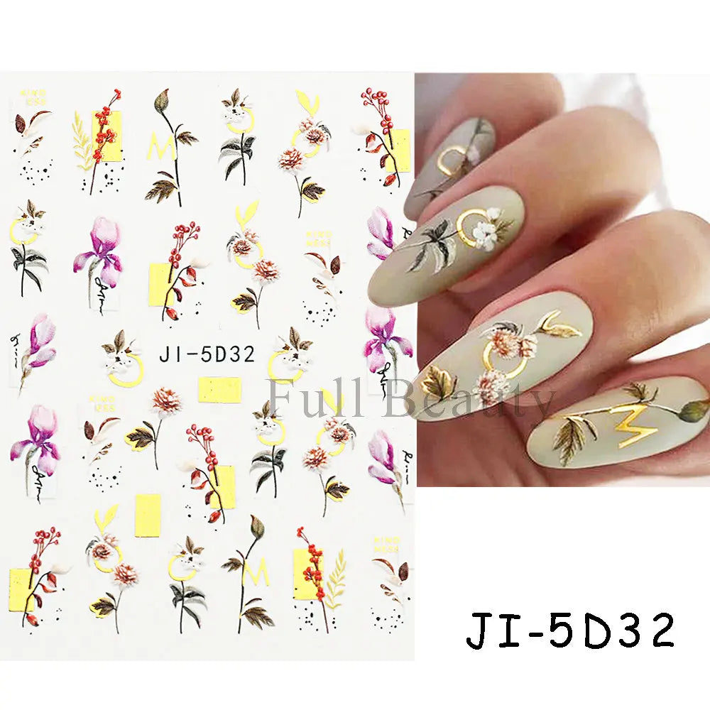 Aichashi 5D Embossed Nail Stickers Flowers Bird Geometric Lines Gold Frame Floral Nail Decals Cherry Blossom Y2K Manicure Decor