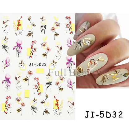 Aichashi 5D Embossed Nail Stickers Flowers Bird Geometric Lines Gold Frame Floral Nail Decals Cherry Blossom Y2K Manicure Decor