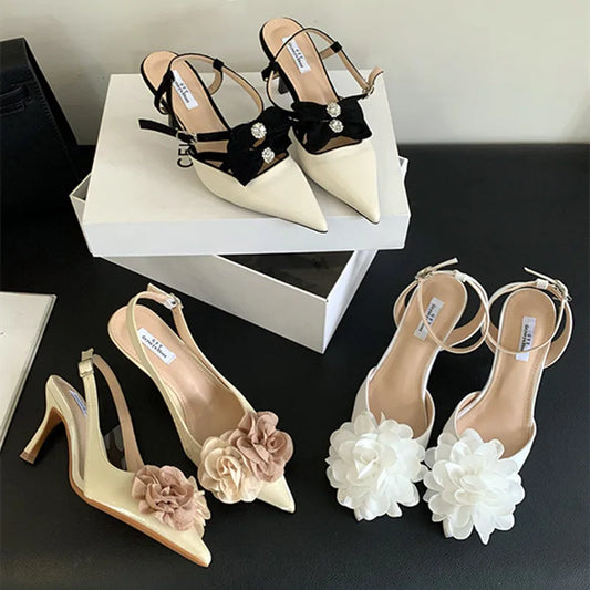 aichashi  -  Summer Floral Design Mules Sandals Women Fashion Thin High Heels Party Dress Women Shoes Ankle Strap Buckle Elegant Women Pumps