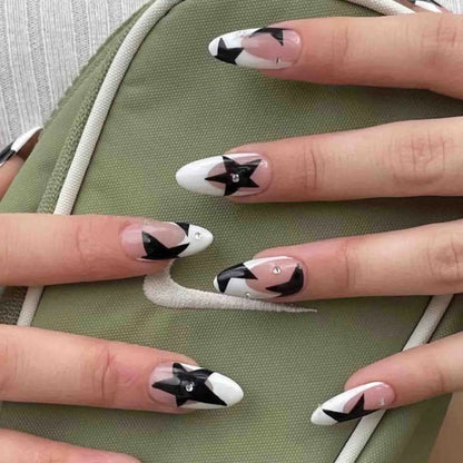 24pcs Black Star False Nail Tips y2k Style Fake Nails Manicure Set Almond False Nail Patch for Girl Women Wearable Full Cover