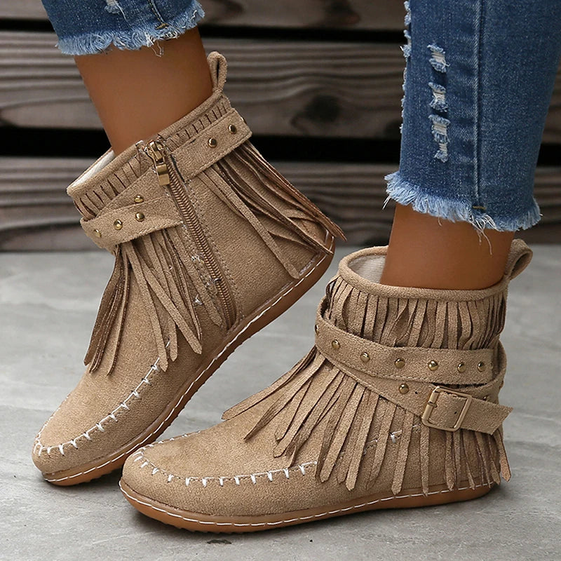 Aichashi Bohemian Style Tassels Ankle Boots Women Retro Faux Suede Buckle Strap Short Boots Woman Plus Size 43 Flat Heels Western Botas