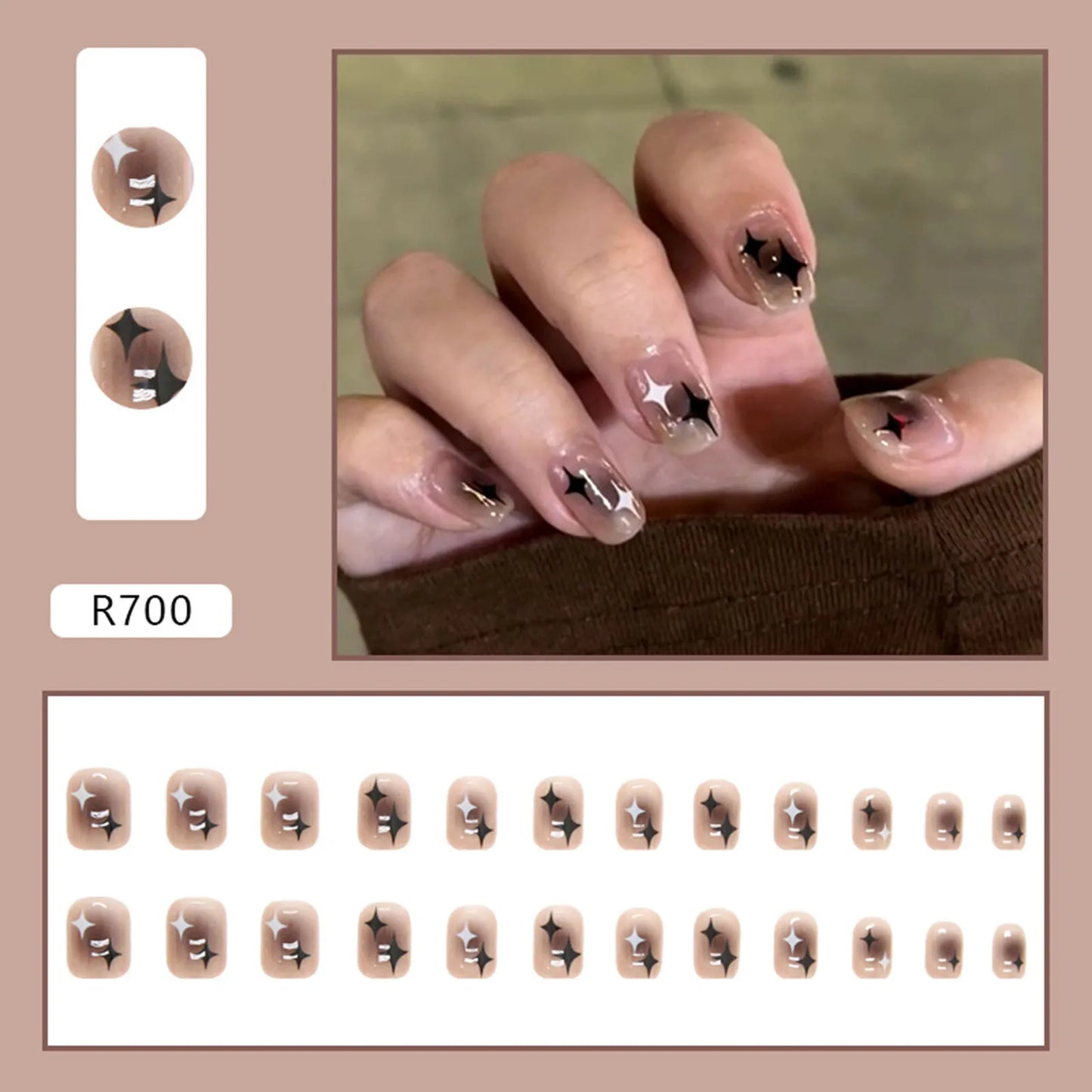 24pcs Gradient False Nails Cute Star Printed Design Fake Nail Short Square Faux Ongles Manicure Nail Stickers Press On Nail Tips