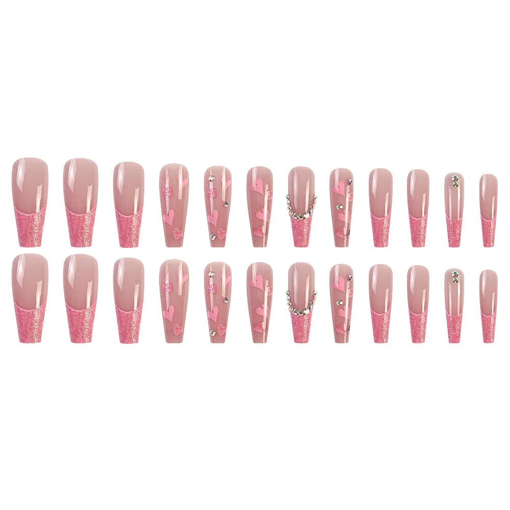 Aichashi 24 Pcs Glossy Long Ballerina Press On Nails Pink Glitter French Style Fake Nails With Rhinestone Artifical Reusable False Nails