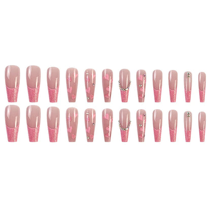 Aichashi 24 Pcs Glossy Long Ballerina Press On Nails Pink Glitter French Style Fake Nails With Rhinestone Artifical Reusable False Nails