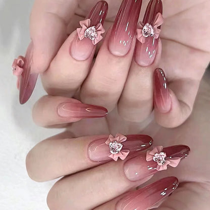 Aichashi 30pcs Sweet Pink Bowknot False Nails Pointed Head Fake Nails Simple Gradient Nude Color Lady Girl Manicure Patch Press on nails