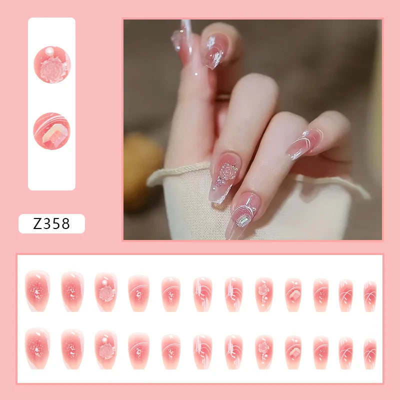 Aichashi Nail Art Fake Nails Long Island Iced Tea Wearing Jiashan Camellia Flower 3D Light Change Love Girl Blush Wearing Press on Nails