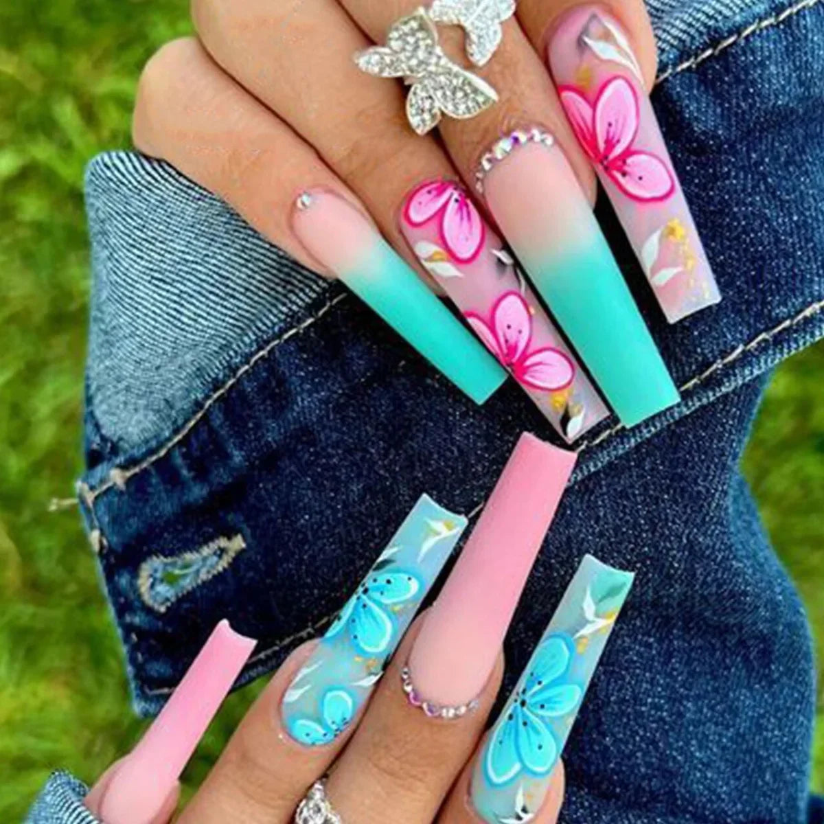 Aichashi 24Pcs Wearable Colorful Butterfly Designs French Press on Nails Long Ballet False Nails with Rhinestone acrylic Fake Nails tips