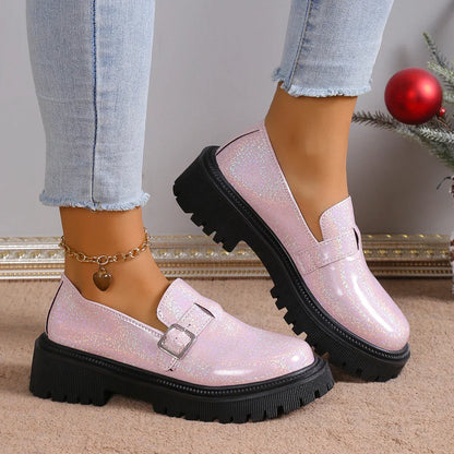 Aichashi 2024 Spring Fashion Laser Loafers for Women Platform Metal Buckle Flat Shoes Woman Round Toe Slip On Casual Shoes Zapatas Mujer