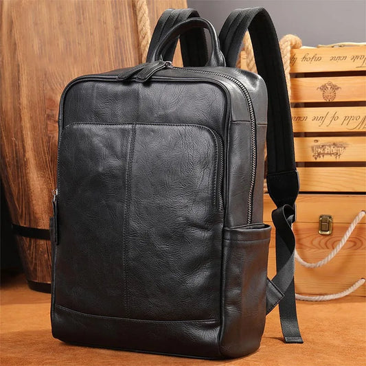 Aichashi Genuine Leather Men Laptop Backpack Soft Cowhide 14 Inch Bagpack Travel Bag Women Leather Shoulder Bag School Bags Black