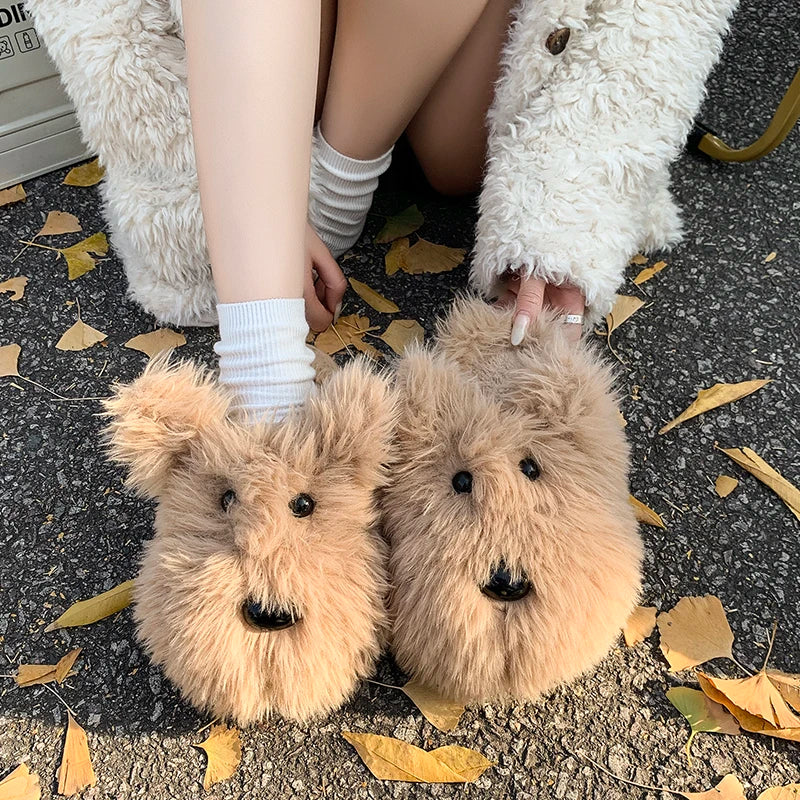 aichashi  -  Women Bow Fur Snow Ankle Boots Platform Flats Cotton Slippers Shoes Winter Brand New Mules Warm Short Plush Botas Mujer