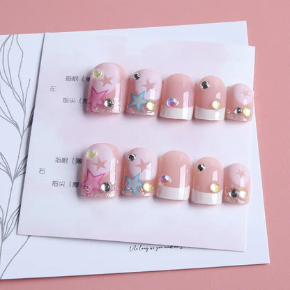 Aichashi Korean Sweet Girl False Nails y2k Pink Five-pointed Star Printed Fake Nails Short Cute White Edge Artificial Nail Patch 24pcs