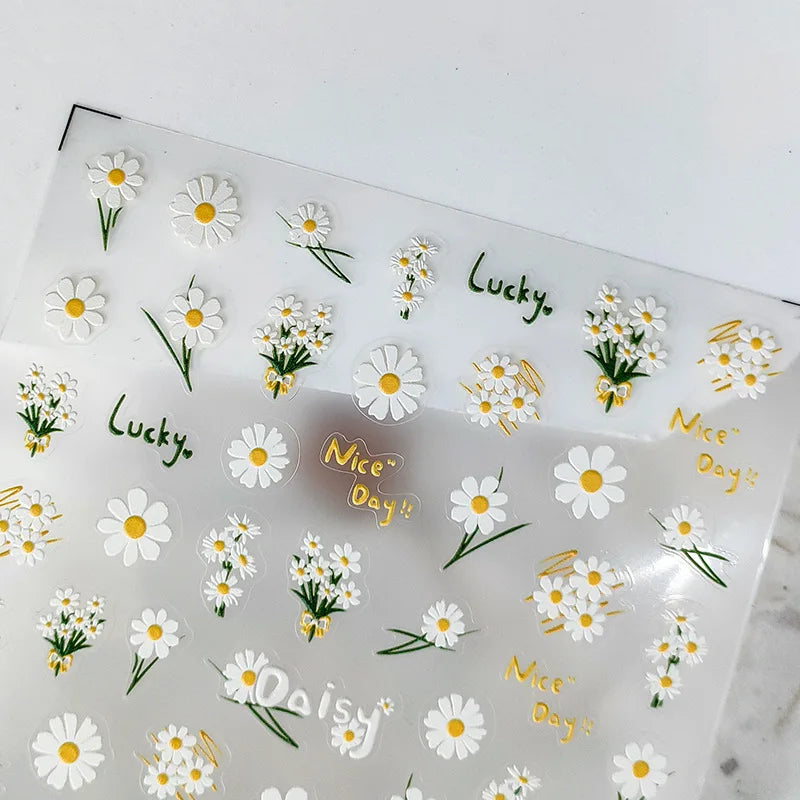 5D Realistic Relief Spotlessly White Blossoming Daisy Bouquet Flowers Adhesive Nail Art Stickers Decals Manicure Ornaments