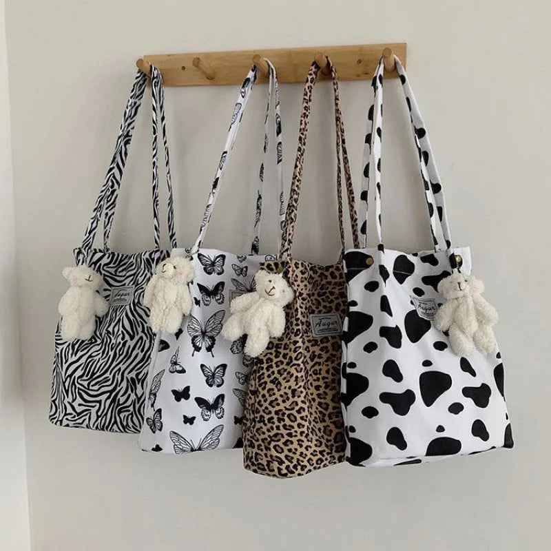 Aichashi BACK TO SCHOOL Korean Chic Big Casual Tote Bag Leopard Shoulder Bag Ladies Canvas Bag New Shopping Bag Student Print Handbag Bolsa Mujer