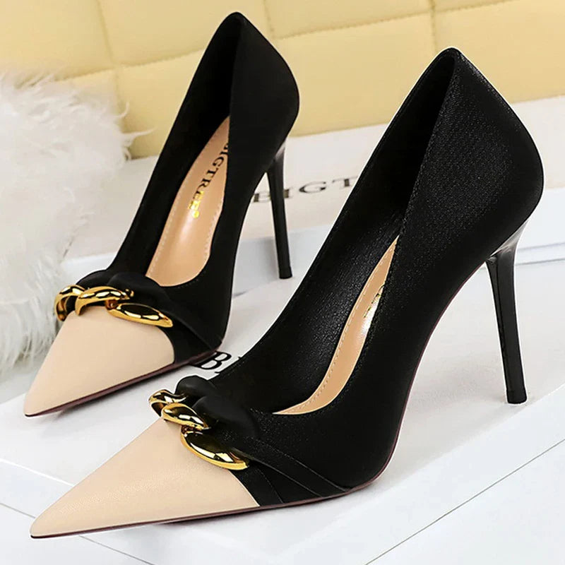 aichashi  -  Shoes Women Pumps Metal Chain Decoration High Heels Mixed Colors Pointed Stilettos Lady Heels Party Shoes Female Pumps