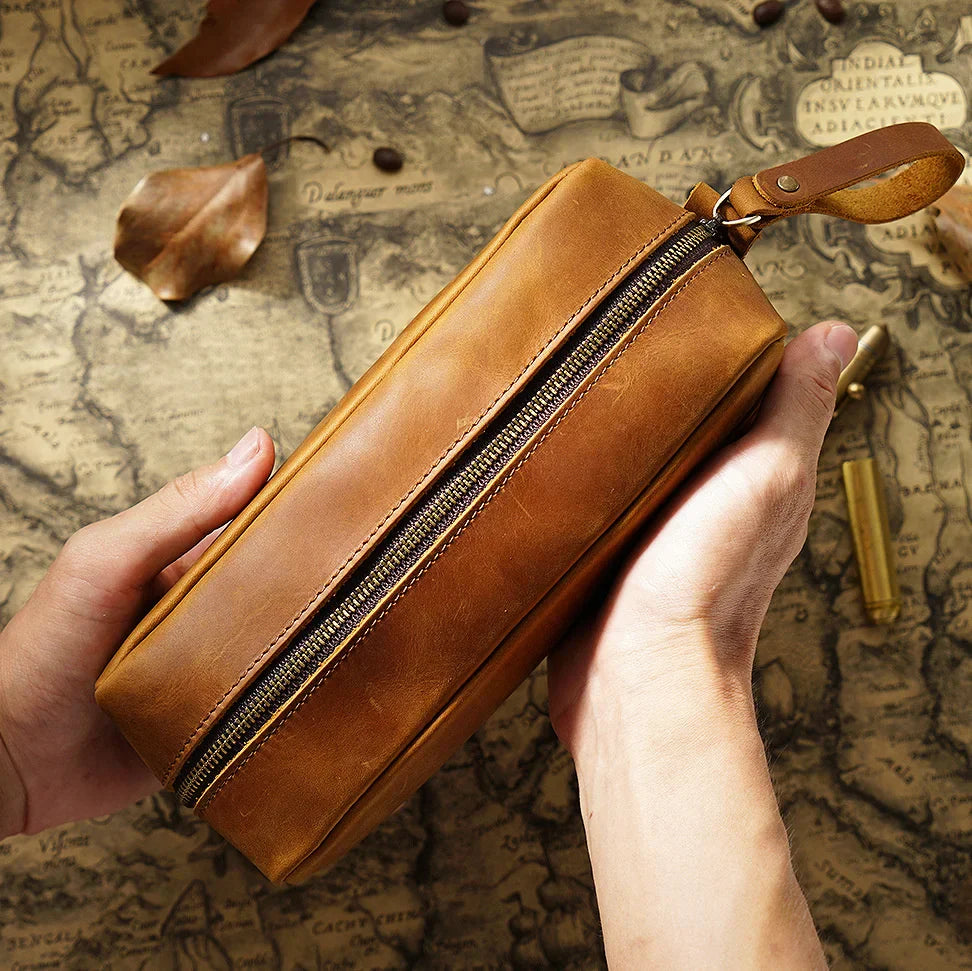 Aichashi BACK TO SCHOOL Large Capacity Pencil Case Genuine Leather Pen Pouch Zipper Cowhide School Bag Student Retro Stationery Storage Bag Pen Box