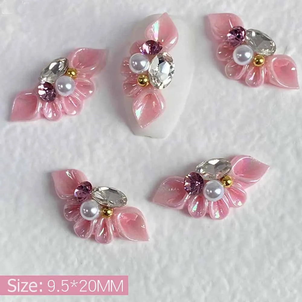 Aichashi 5Pcs Aurora Side Flower Nail Art Charms 3D Acrylic Flowers With Pearl Rhinestone Crystal Nail Art Decoration Nail DIY Accessorie