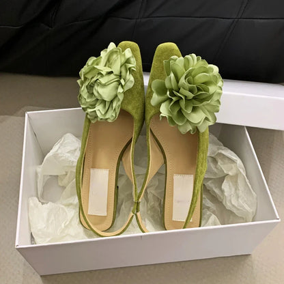 aichashi  -  Flower Chunky Heel Mule Shoes Women Suede Fashion High Heels Green Pointed Toe Low Heel Sandals Flowers Mary Jane Women Pumps