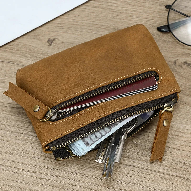 Aichashi Genuine Leather Zipper Coin Wallet Men Wowen Natural Leather Small Short Purse Card Holder Cash Clutch Wallets Key Ring