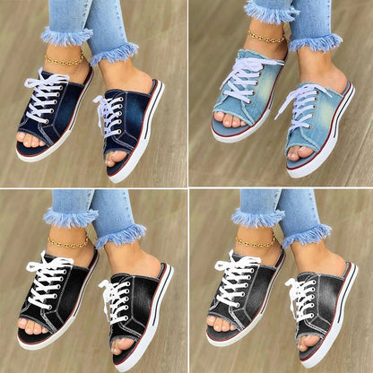 Aichashi Fashion Canvas Slippers Lace Up Open Teen Dames Faux Denim  Luxury Sandals Women Designers  Womens Shoes