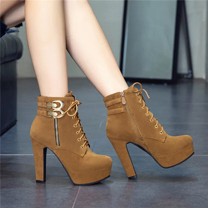 Aichashi New Autumn Ankle Boots for Women Platform High Heels Shoes Woman Buckle Short Booties Casual Faux Suede Footwear