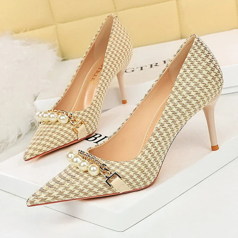 aichashi  -  Shoes Checked Grain Women Pumps Quality High Heels Pearl Chain Design Women Heels Stilettos Luxury Banquet Shoes